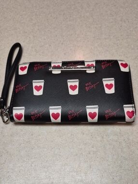 Betsey Johnson Black Wristlet Wallet with Pink Heart Coffee Cups